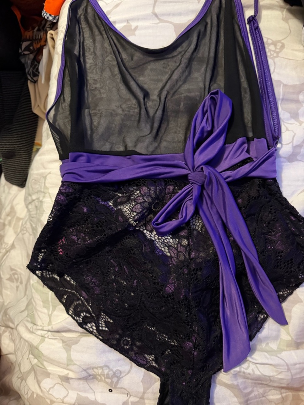Purple and Black Lace Mesh Bodysuit with Waist Tie